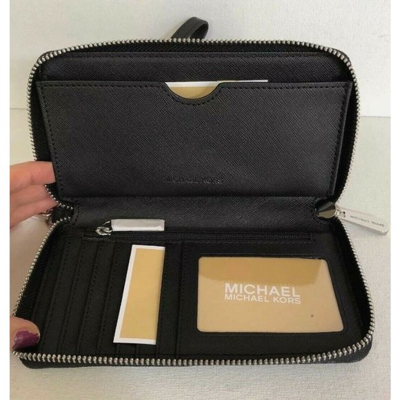 New Michael Kors Jet Set Travel Large Flat Phone Case Logo Wallet Black - Picture 4 of 6